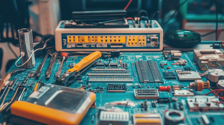 A detailed arrangement of various electronic tools and components on a workbench, ideal for repairs and technical projects, showcasing a hands-on workspace atmosphere.の素材