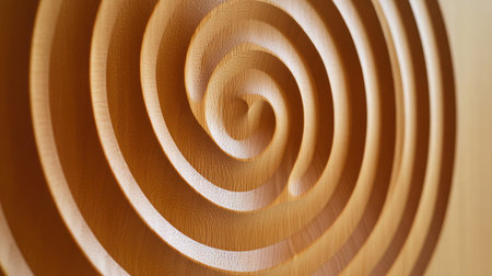 This image features an intricate wooden texture with concentric spiral patterns, perfect for showcasing natural beauty and craftsmanship in design projects and interiors.の素材