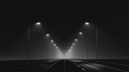 A hauntingly beautiful view of an empty road under street lights at night, evoking a sense of mystery and solitude, ideal for artistic and creative projects.の素材