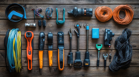 An extensive assortment of quality hand tools and cables meticulously arranged on a rustic wooden background, perfect for inspiring creativity in DIY projects or professional workshops.の素材