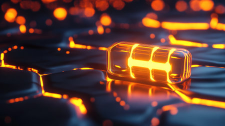 A striking image depicting a glowing battery on a textured, lava-like surface, emphasizing the future of energy technology and innovative solutions for sustainability.の素材