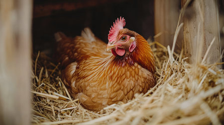 A serene brown hen rests comfortably in a bed of straw, embodying the essence of farm life and natural living while showcasing the warmth of rural authenticity.の素材