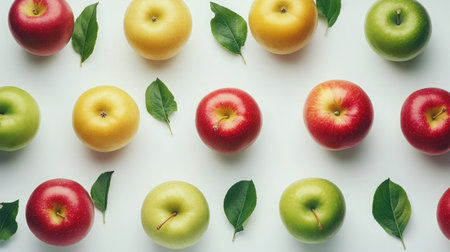 A visually pleasing arrangement of fresh apples in vibrant colors, accompanied by green leaves, ideal for showcasing healthy eating, culinary creativity, and vibrant produce.の素材