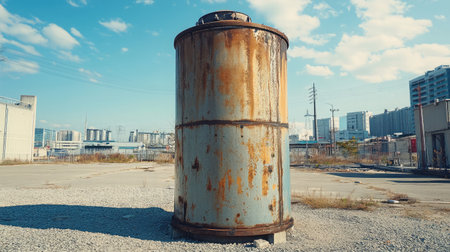 Captivating image of a rusty industrial tank situated in a deserted urban landscape, showcasing unique textures against the backdrop of modern architecture and clear sky.の素材