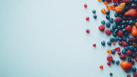 Discover a colorful spread of assorted fresh berries on a light blue surface, perfect for culinary inspiration, health-focused recipes, or vibrant summer desserts.の素材