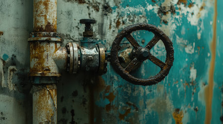 A close-up image of a rusty metal valve and pipe showcasing vibrant green patina, highlighting the beauty of decay and the passage of time in an industrial setting.の素材
