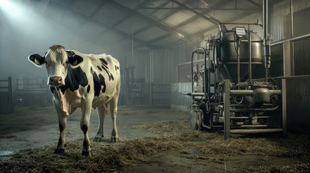 A tranquil scene featuring a dairy cow in a rustic barn setting, surrounded by straw and milking equipment, beautifully lit by natural light creating an idyllic farm atmosphere.の素材