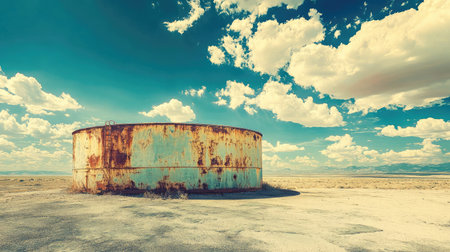 A rusty industrial tank sits isolated in a barren desert landscape, framed by a vibrant blue sky sprinkled with fluffy white clouds, creating a striking visual contrast.の素材