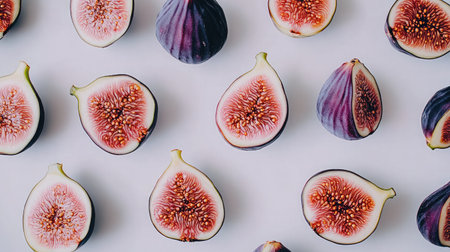 This image showcases beautifully sliced figs arranged on a clean white surface, emphasizing their vibrant pink and purple hues. Perfect for food-related content and recipes.の素材