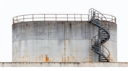 The image showcases a spiral staircase ascending to a cylindrical storage tank, featuring a weathered surface and rusty elements, framed by a clean white sky.の素材