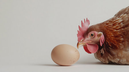A close-up image of a chicken curiously examining a fresh brown egg on a light background, capturing the essence of farm life and the bond between animal and produce.の素材