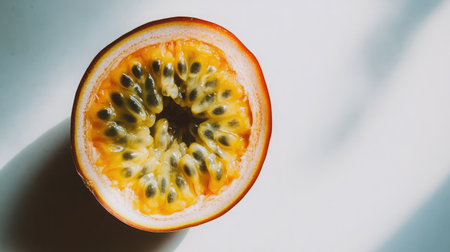 A halved passion fruit reveals its bright, juicy interior filled with seeds. This vibrant image captures the essence of tropical flavors, perfect for food and health-related themes.の素材