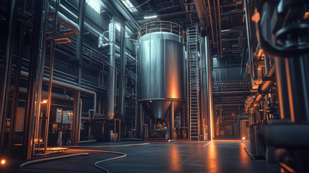 Explore a modern factory interior featuring a large storage tank surrounded by complex pipe systems and advanced machinery, illuminated by dim lighting that enhances the industrial atmosphere.の素材