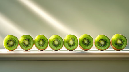 A stunning display of vibrant green kiwi slices lined up on a shelf, illuminated by soft natural light, highlighting their fresh texture and inviting appearance.の素材