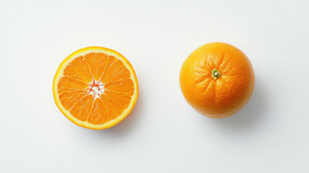 This stock photo features a whole orange next to its juicy half, showcasing the vibrant color and texture of citrus fruit on a minimalist white background. Perfect for food-related themes.の素材