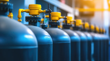 A row of industrial gas cylinders with bright yellow valves in a storage facility highlights the importance of safety in energy and manufacturing sectors.の素材