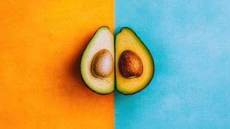 Captivating image of a split avocado showcasing its creamy interior and seed against a vibrant yellow and blue background, perfect for health and food-related themes.の素材