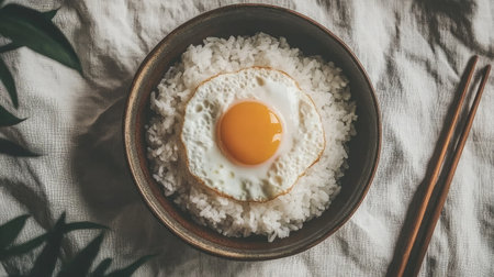 A delicious bowl featuring fluffy rice topped with a sunny-side-up fried egg, showcasing a minimalist approach to comfort food in a warm and inviting setting.の素材
