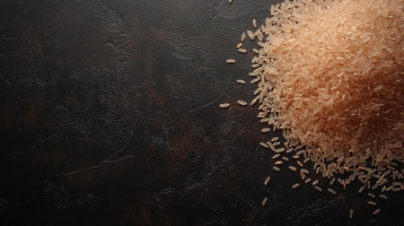 A beautiful pile of uncooked brown rice on a dark surface, highlighting its natural texture and earthy tones, perfect for culinary and health-related themes.の素材