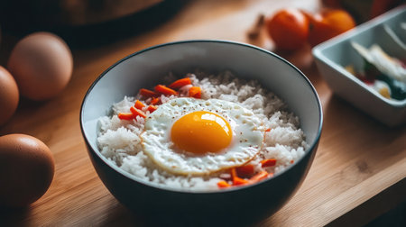 A beautifully arranged bowl featuring fluffy rice topped with a perfectly cooked sunny-side-up egg and vibrant vegetables, creating a visually stunning and tasty meal.の素材
