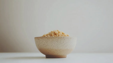 A close-up image of a simple, earthy bowl filled with rolled oats against a minimalist background, ideal for healthy food lifestyle concepts and cooking inspirations.の素材