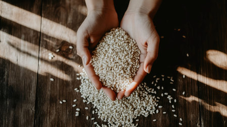 A beautiful composition of hands gently holding raw grain, surrounded by scattered grains on a rustic wooden table, illuminated by soft sunlight, perfect for promoting healthy cooking.の素材