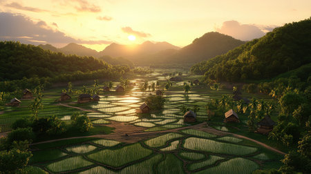 A breathtaking view of rice fields at sunset, highlighting traditional villages nestled between lush mountains. A perfect blend of nature, tranquility, and rural life.の素材