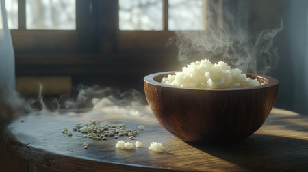 This image showcases a bowl of steaming white rice on a rustic wooden table, illuminated by soft sunlight. The warmth and inviting atmosphere make it perfect for food-related themes.の素材