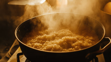 A pot of white rice cooks on a gas stove, releasing steam and creating a comforting kitchen atmosphere, perfect for inspiring homemade meal ideas and culinary creativity.の素材