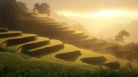 Experience the serene beauty of terraced rice fields bathed in golden sunlight at dawn, showcasing the harmony between agriculture and nature in a breathtaking landscape.の素材