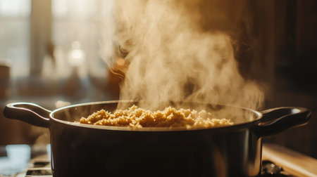A warm kitchen scene featuring steam rising from a pot filled with delicious food, creating an inviting and comforting atmosphere perfect for culinary enthusiasts.の素材