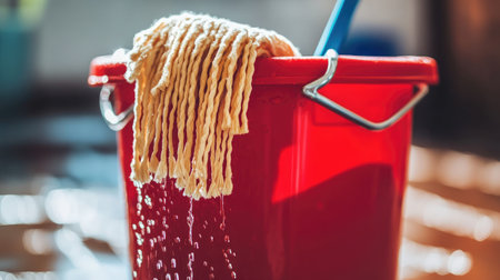 A bright red bucket filled with water and a wet mop, showcasing a cleaning tool ready for use, perfect for any housekeeping or janitorial work setting.の素材