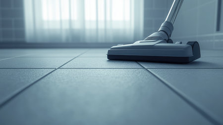 A close-up shot showcasing a vacuum cleaner head resting on a tiled floor in a bright bathroom, emphasizing cleanliness and modern home care practices in a serene environment.の素材