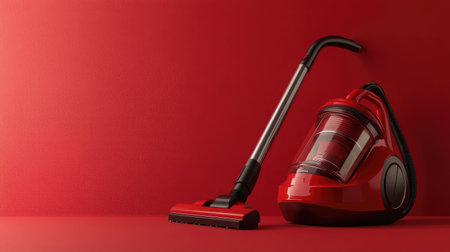 A vibrant red vacuum cleaner rests against a matching red backdrop, showcasing modern design and effectiveness in home cleaning solutions for stylish living spaces.の素材
