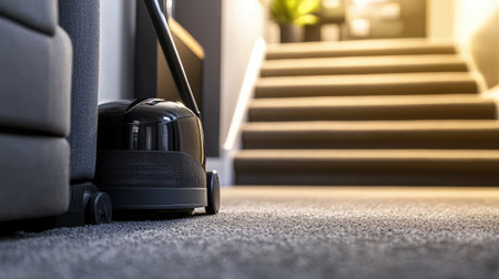 A stylish black vacuum cleaner is positioned on a plush carpet in a contemporary room, with inviting stairs leading to a bright area, showcasing a clean and organized home environment.の素材
