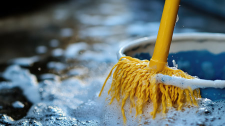 This image features a close-up of a yellow mop in a bucket filled with soapy water, highlighting the cleaning process with bubbles and a bright atmosphere.の素材