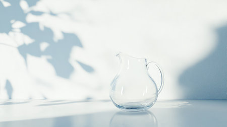 A beautifully crafted glass pitcher sits elegantly on a simple surface, illuminated by soft natural light, creating tranquil shadows that enhance its delicate design and purity.の素材
