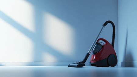 A vibrant red vacuum cleaner rests in a clean, minimalistic room illuminated by soft light, highlighting its modern design and the importance of cleanliness in home environments.の素材