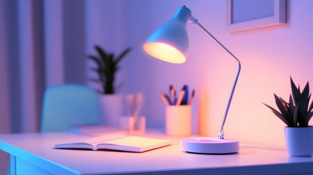 A serene workspace featuring a stylish desk lamp casting a warm glow on an open book, complemented by potted plants, perfect for studying or relaxing in comfort.の素材
