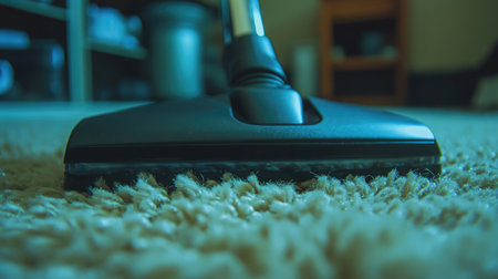 A close-up view of a vacuum cleaner head resting on plush carpet, illustrating the effectiveness of cleaning in a cozy home setting, emphasizing everyday chores.の素材