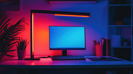 A modern workspace featuring a sleek desk with a vibrant LED lamp and computer monitor, creating a colorful and inviting environment perfect for productivity and creativity.の素材