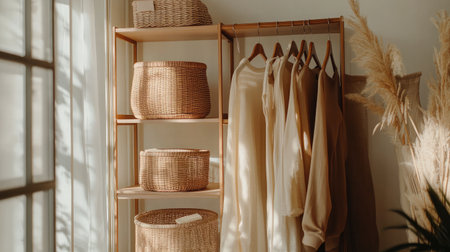 Bright and inviting interior scene showcasing woven storage baskets and neutral apparel, complemented by warm sunlight filtering through large windows for a cozy atmosphere.の素材