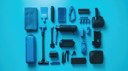 This vibrant flatlay showcases a variety of blue cleaning tools and accessories, perfect for modern homes and offices. Ideal for promoting hygiene and organization in everyday spaces.の素材