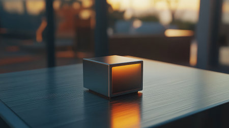 A modern minimalist desk lamp emits a warm glow in a stylish workspace, creating a cozy atmosphere during sunset, enhancing the elegant decor of the setting.の素材