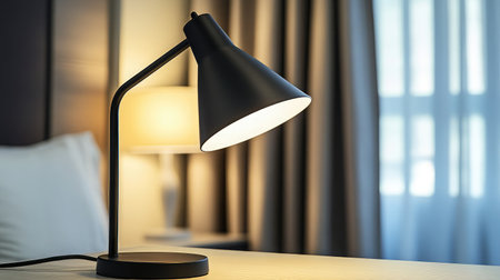 A sleek black desk lamp brightly lights a serene bedroom, creating a warm atmosphere with soft drapes and inviting ambiance, perfect for relaxation and focus.の素材