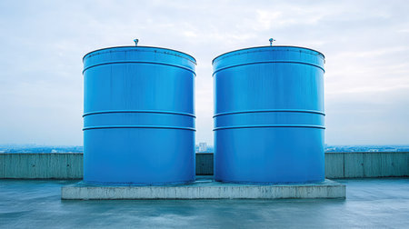 This image features two large, blue water tanks on a rooftop, set against a serene sky, emphasizing modern industrial design in an urban environment.の素材