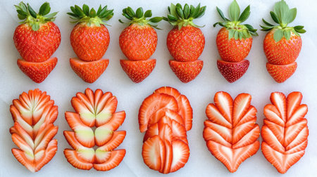 A visually striking arrangement of fresh strawberries featuring whole and artistically sliced fruits, highlighting vibrant colors and textures ideal for various food-related projects.の素材