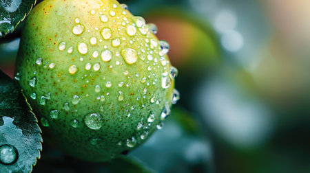 This close-up image showcases a fresh green apple adorned with glistening water droplets, emphasizing its natural beauty in a vibrant garden atmosphere.の素材
