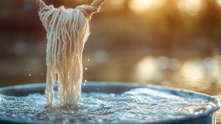 A captivating close-up of a rope with threads soaking in water, showcasing delicate droplets and a serene background that evokes a sense of tranquility and connection with nature.の素材