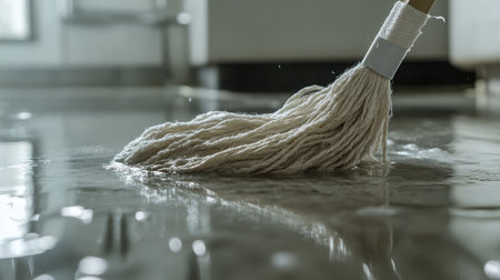 A close-up of a mop cleaning a wet floor in a well-lit room, showcasing the importance of hygiene and cleanliness in both residential and commercial spaces.の素材